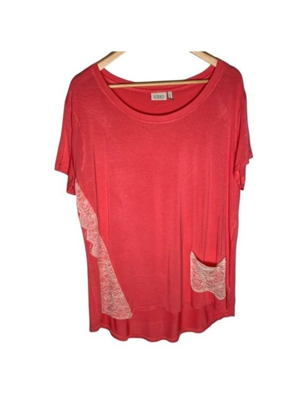 LOGO Lori Goldstein Womens Large Coral Lace Pocket Tee Casual Top